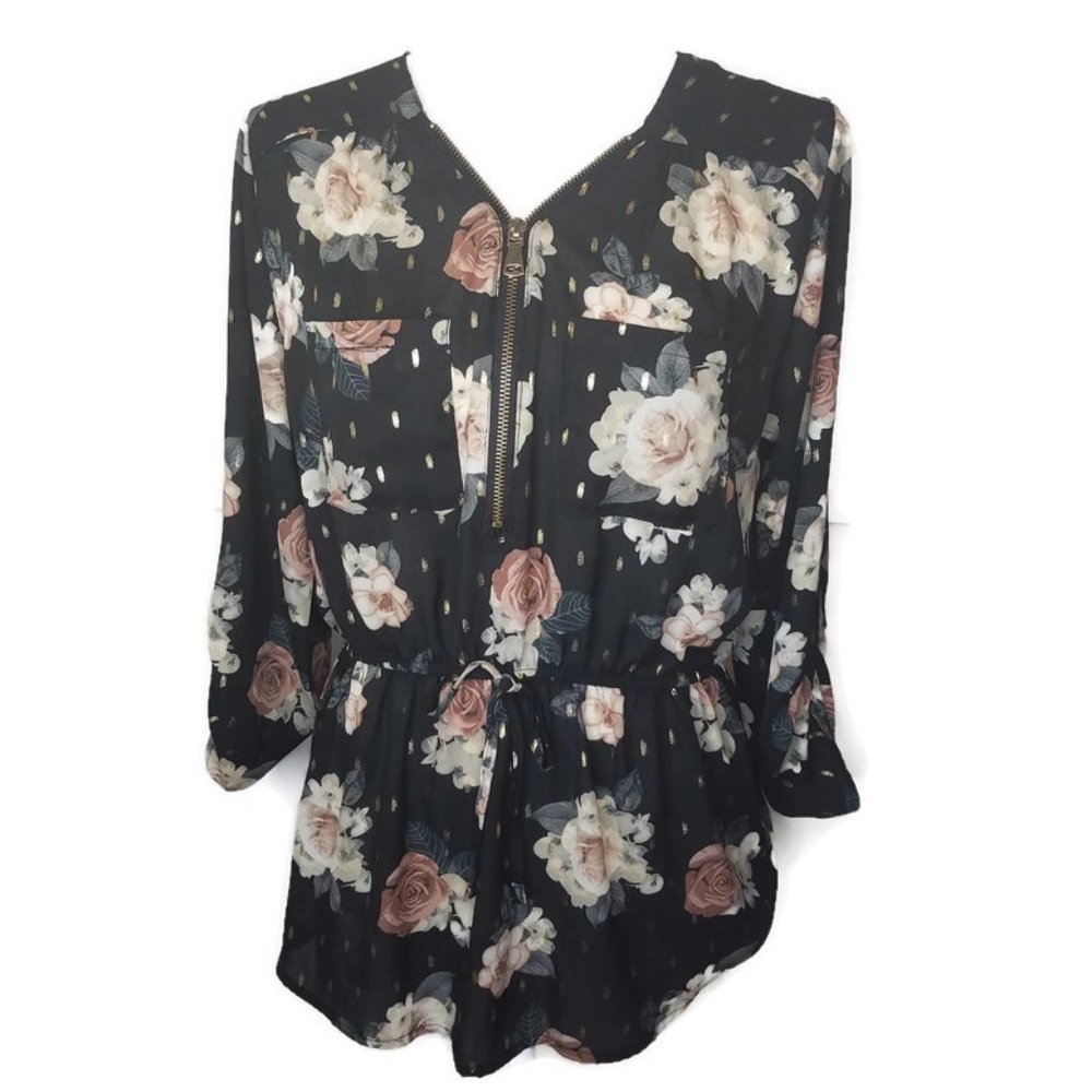 J for Justify Zip Front Black, Gold, Gray, Pink Floral Tunic Size L Large